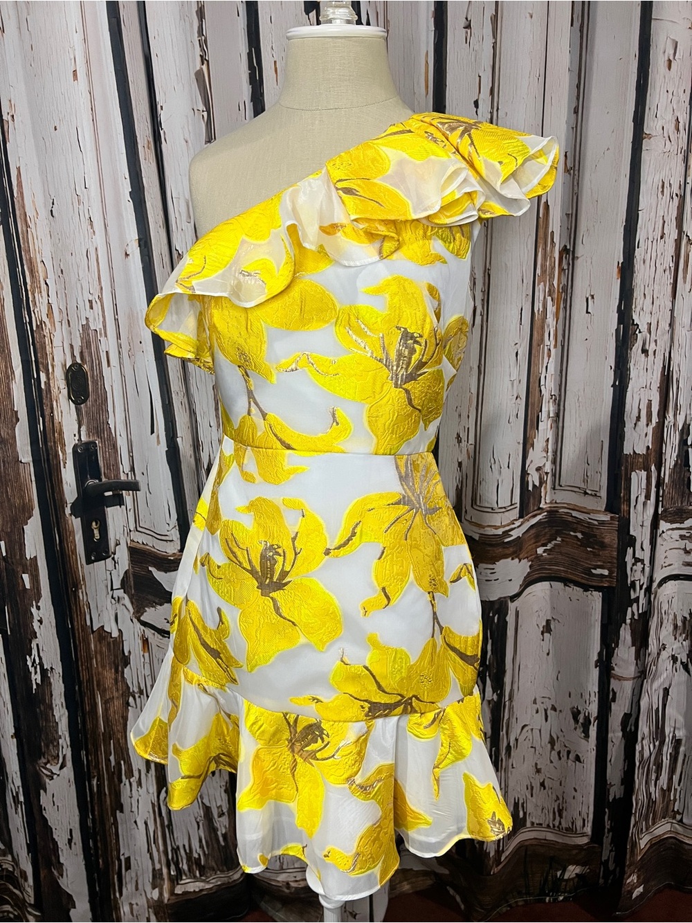 Milly One-Shoulder Yellow and White Floral Ruffle Dress